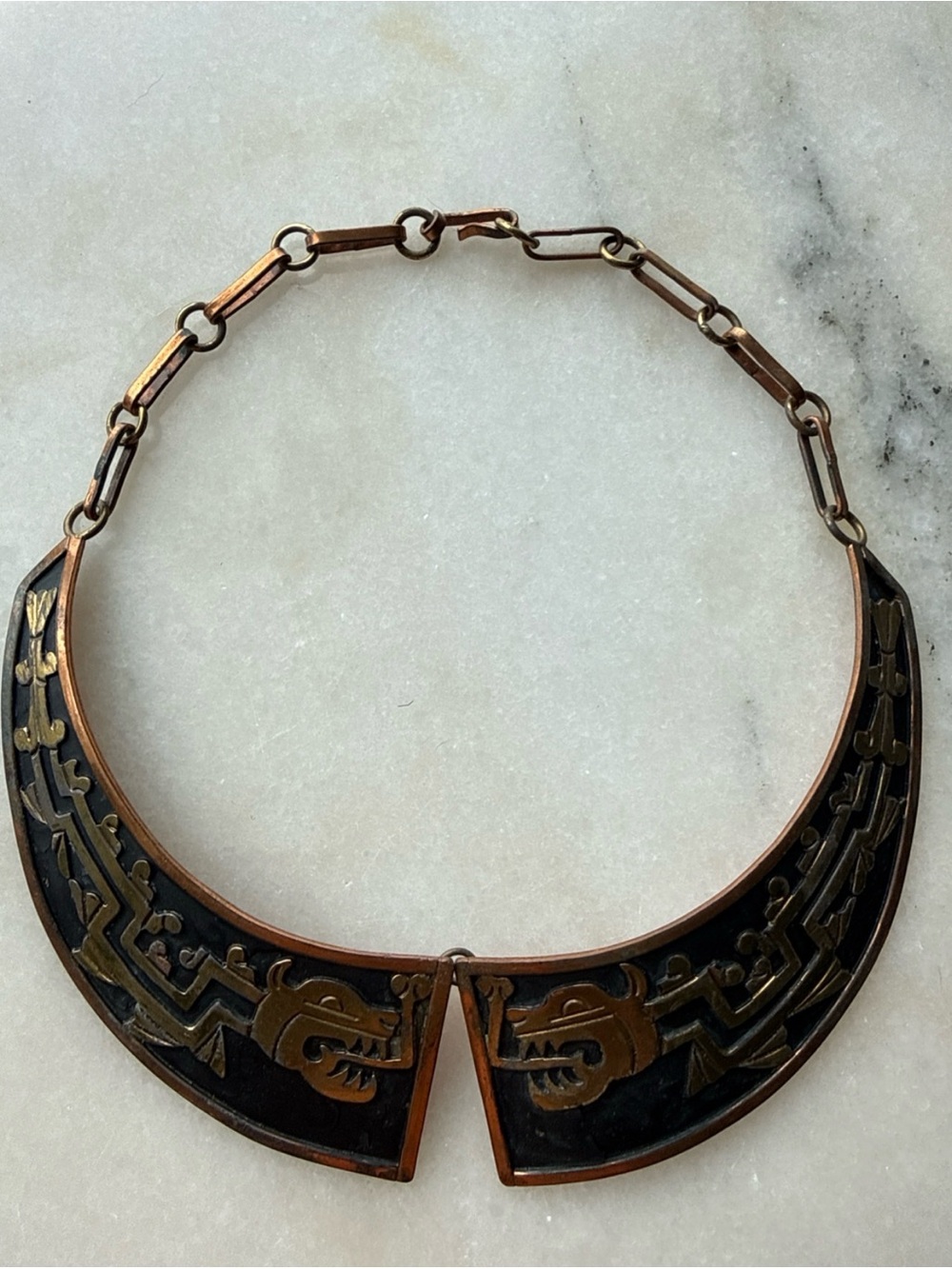 Vintage Mexico Mixed Metal Aztec Statement Collar Necklace